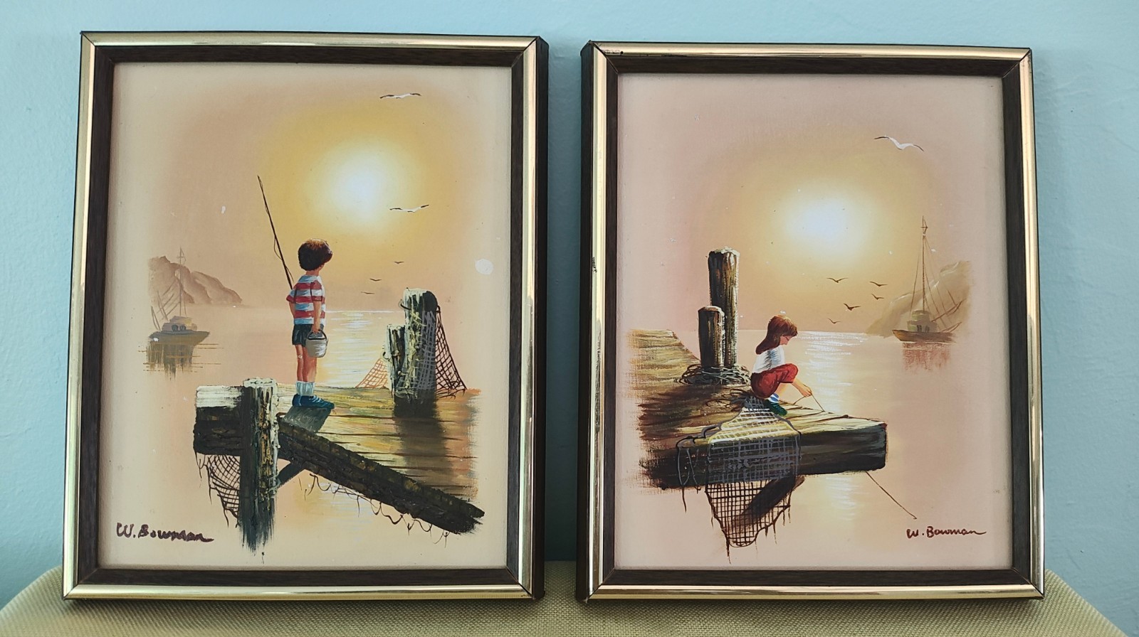 Vtg original oil paintings Girl & Boy Fishing Dock Boats Signed W Bowman Framed