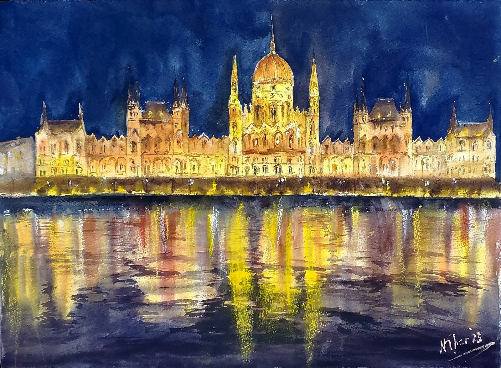 Original Watercolor Painting Budapest Parliament Hungary Night Cityscape FineArt