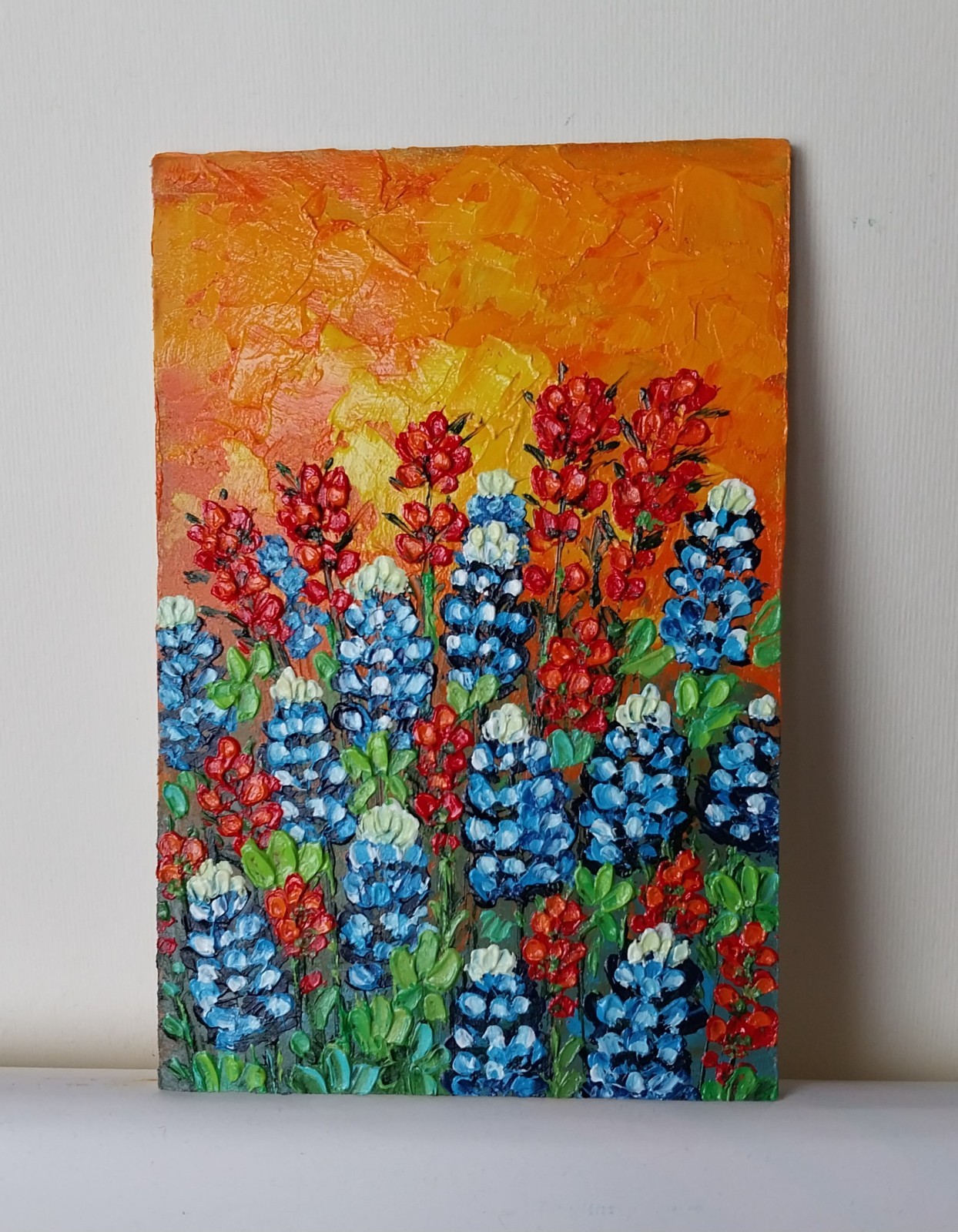 Framed Texas Bluebonnets Indian Brushes Art 4×6″ Impasto Oil Painting Original