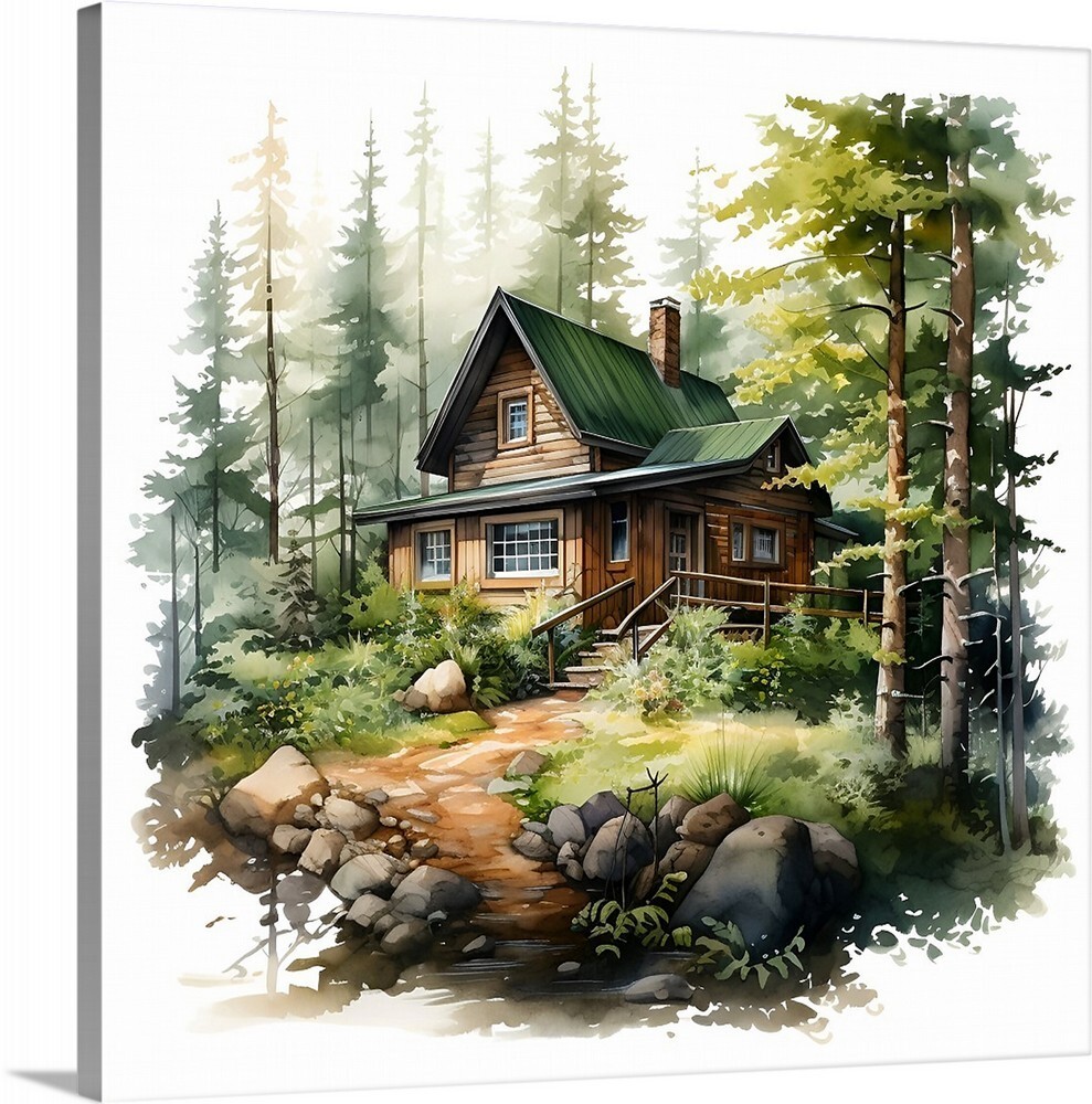 Cabin In the Woods Trees Painting Landscape Art Canvas Wrap 20 x 20 Giclee Print