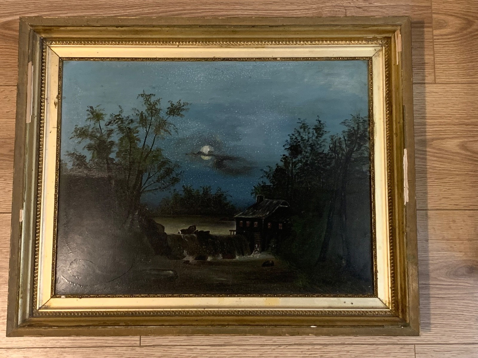 1890–1915 Tonalist Nocturne Oil Painting Moonlight Waterfall Landscape 22×18