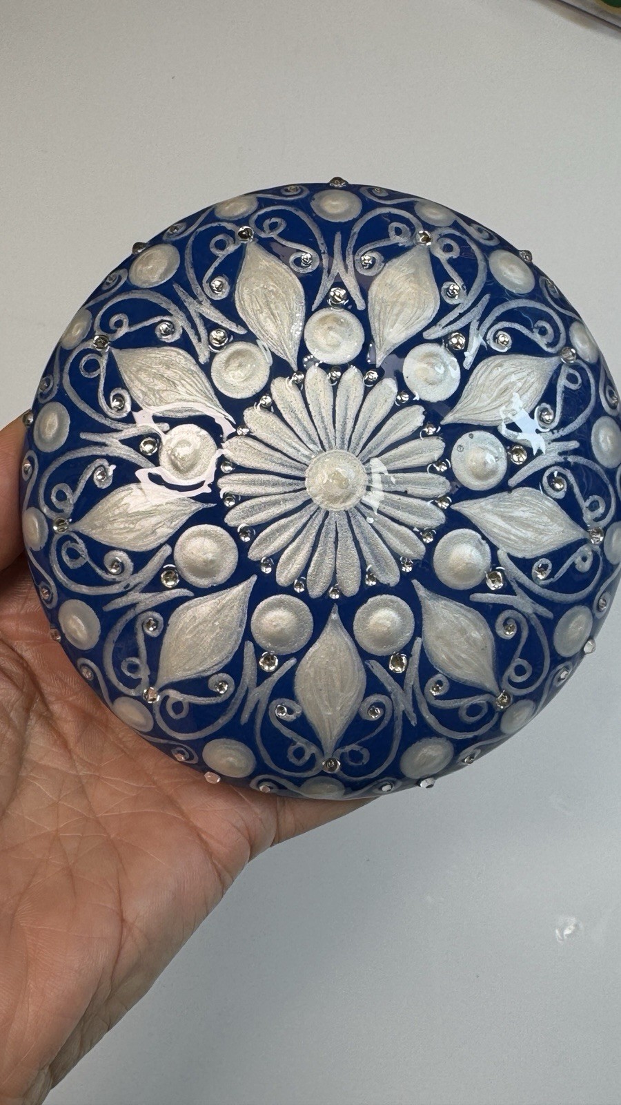 Distressed Blue And Pearl Mandala – Hand Painted Handmade Stone – By JaDeL