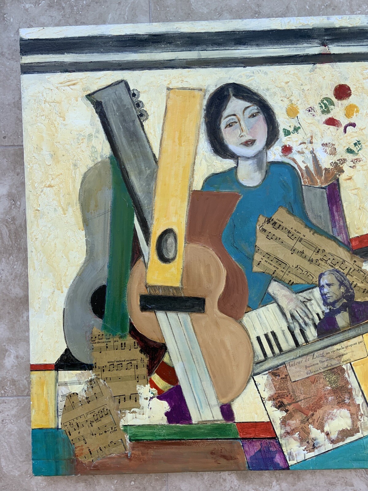 Oil Painting Music Guitar Collage Signed 2013 Symbolism