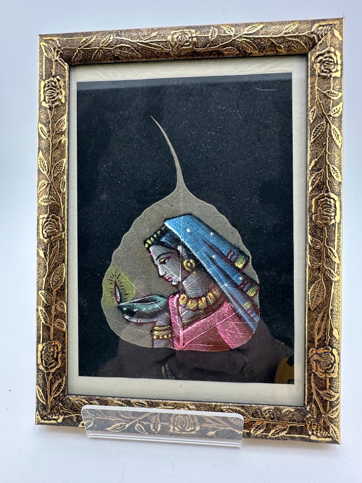 Vintage Indian Pipal Leaf Painting Woman With Lamp Gold Tone Frame Folk Art