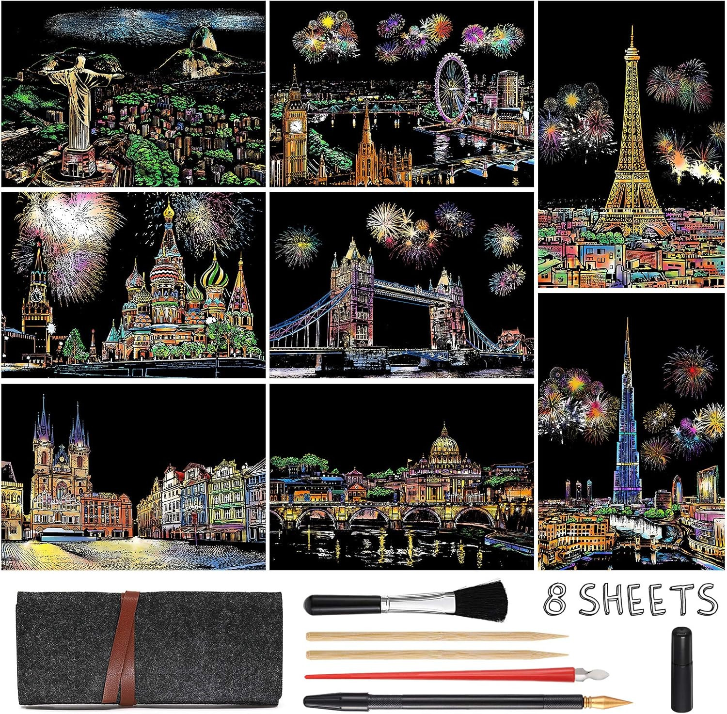 Scratch Art for Adults Kids, Rainbow Painting Night View Scratchboard(A4), Craft