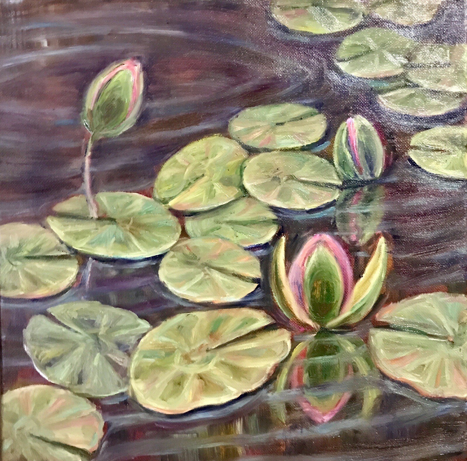Original Oil Painting Pink Water Lilly Flower Wall Art 12×12 Floral Wall Decor