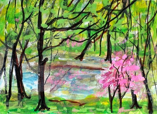 ACEO Original PAINTING Spring FOREST Stream TREES Sun Nature Landscape ATC ART