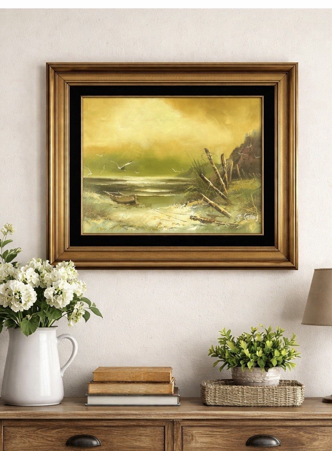 Vintage Coastal Seascape Oil Painting Boat & Gulls Signed H Gailey Framed 28×24
