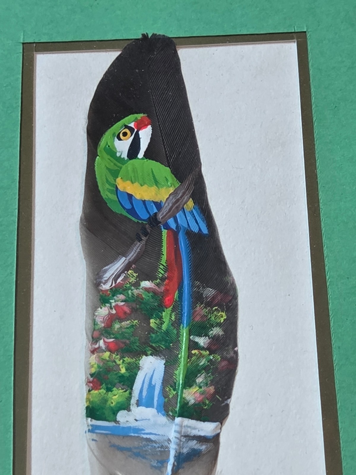Hand Painted Feather, Parrot Signed Costa Rica Framed 7.75″ X 5”