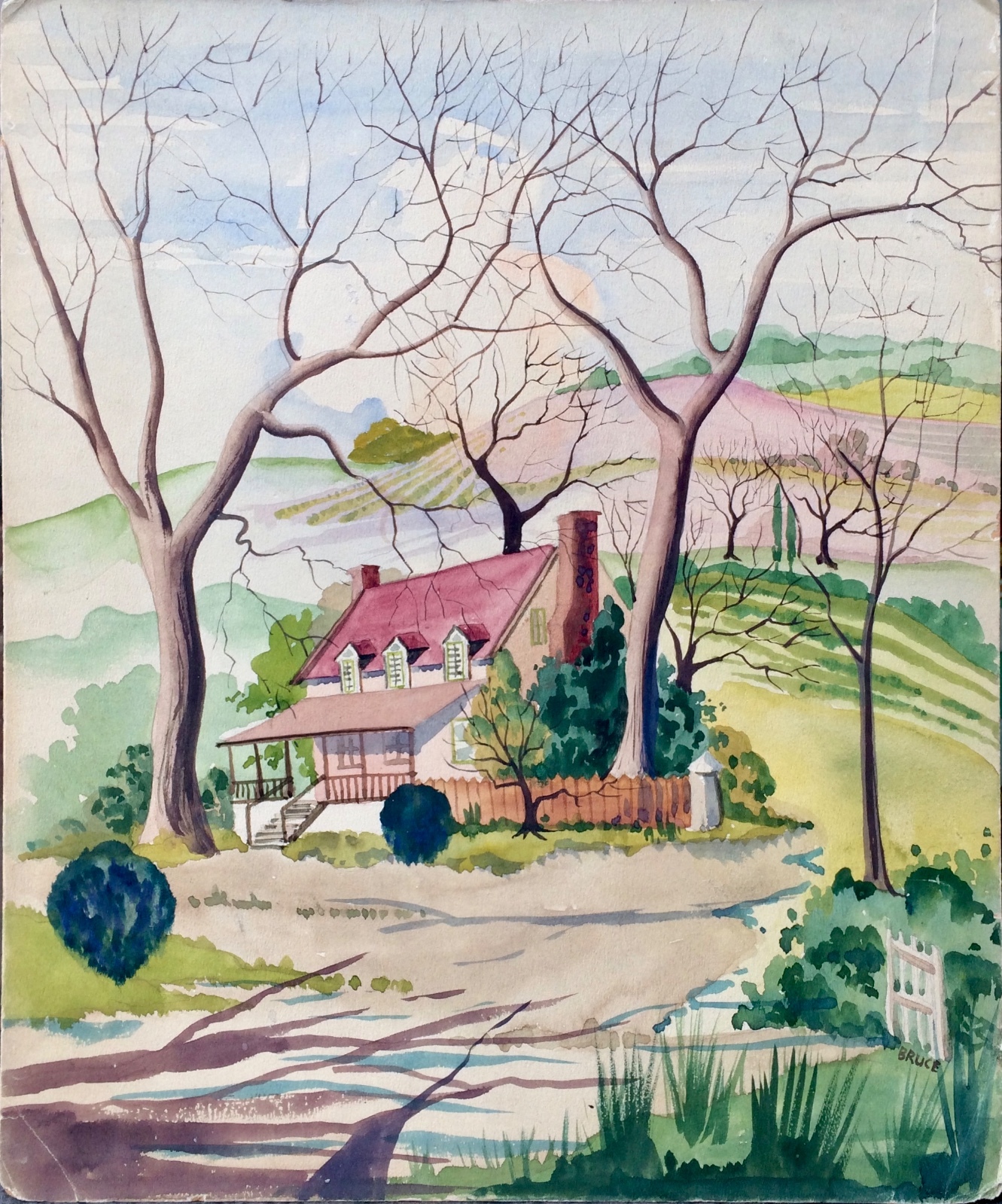 RARE: Edward Bruce (1879-1943); Original Modernist Watercolor Landscape, c 1925