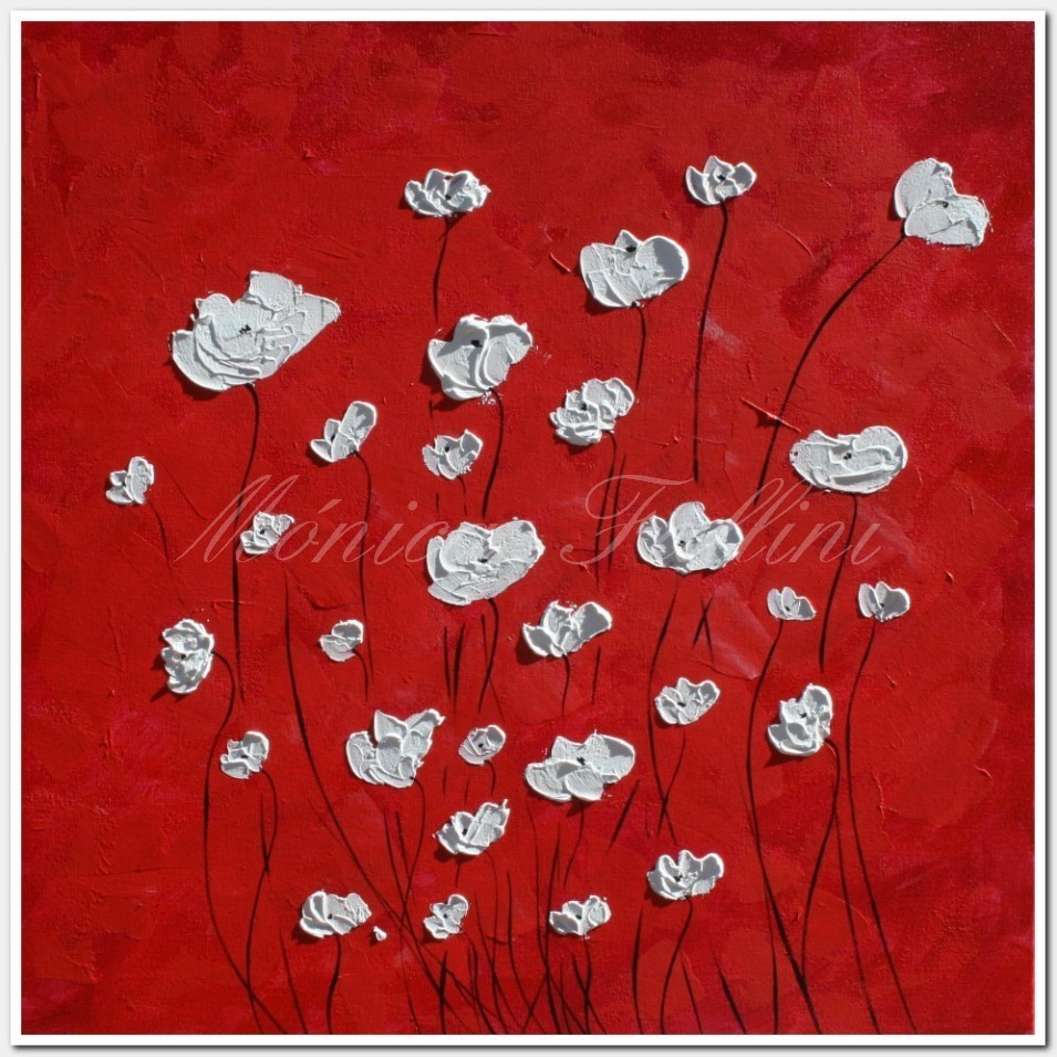 White Poppies on red 22 x 22 inch vibrant original painting by Monica Fallini