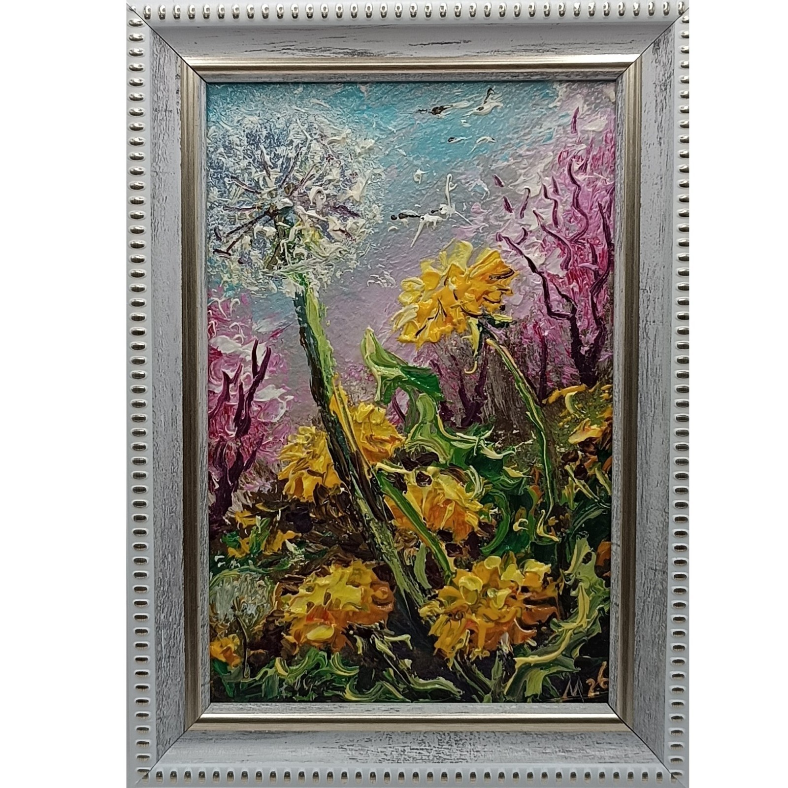 Original Dandelion Oil Painting Framed Miniature Floral Field Impasto Art