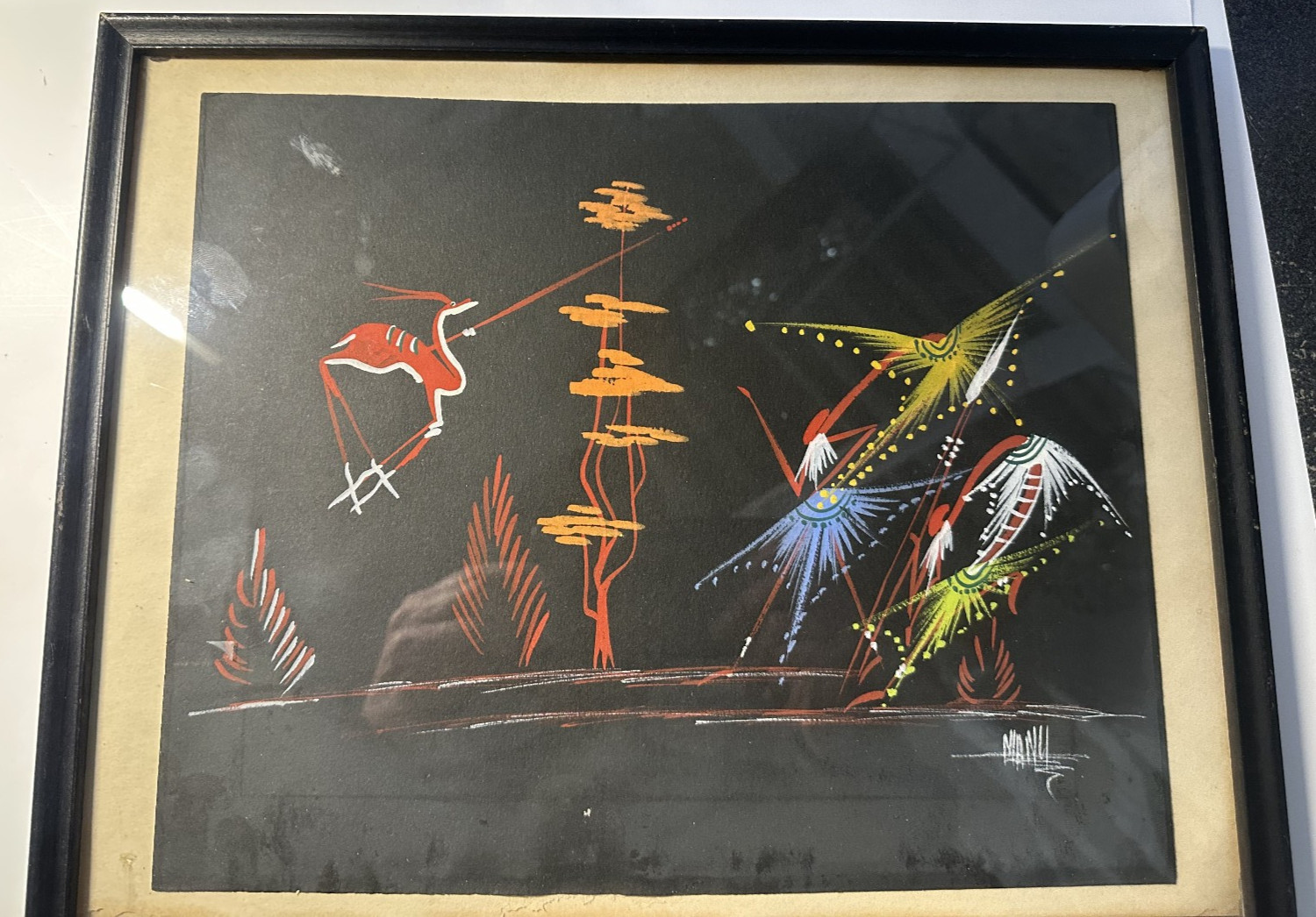 African Tribal Folk Art Gouache Painting Gazell Framed Matted Signed NIANY