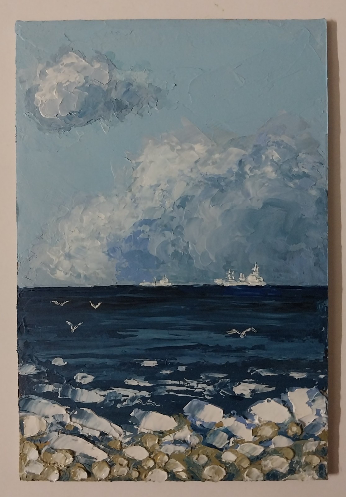 Framed Cloudy Sky Seascape Ships Winter Seashore Art 4×6” Original Oil Painting