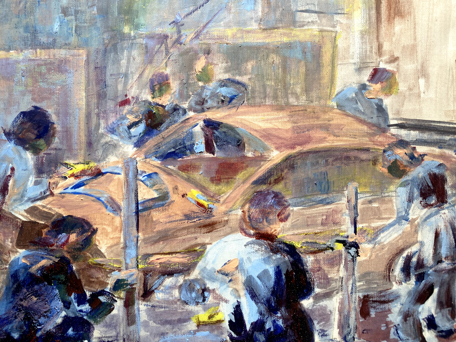 Painting Signed F. Geiger 1972 Auto Workshop Pit Stop Car Race Vintage Car