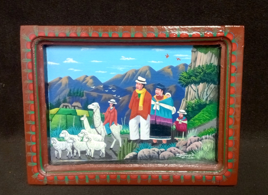 Alfredo Toaquiza Signed Original Tigua Ecuador Folk Art Painting on Sheepskin