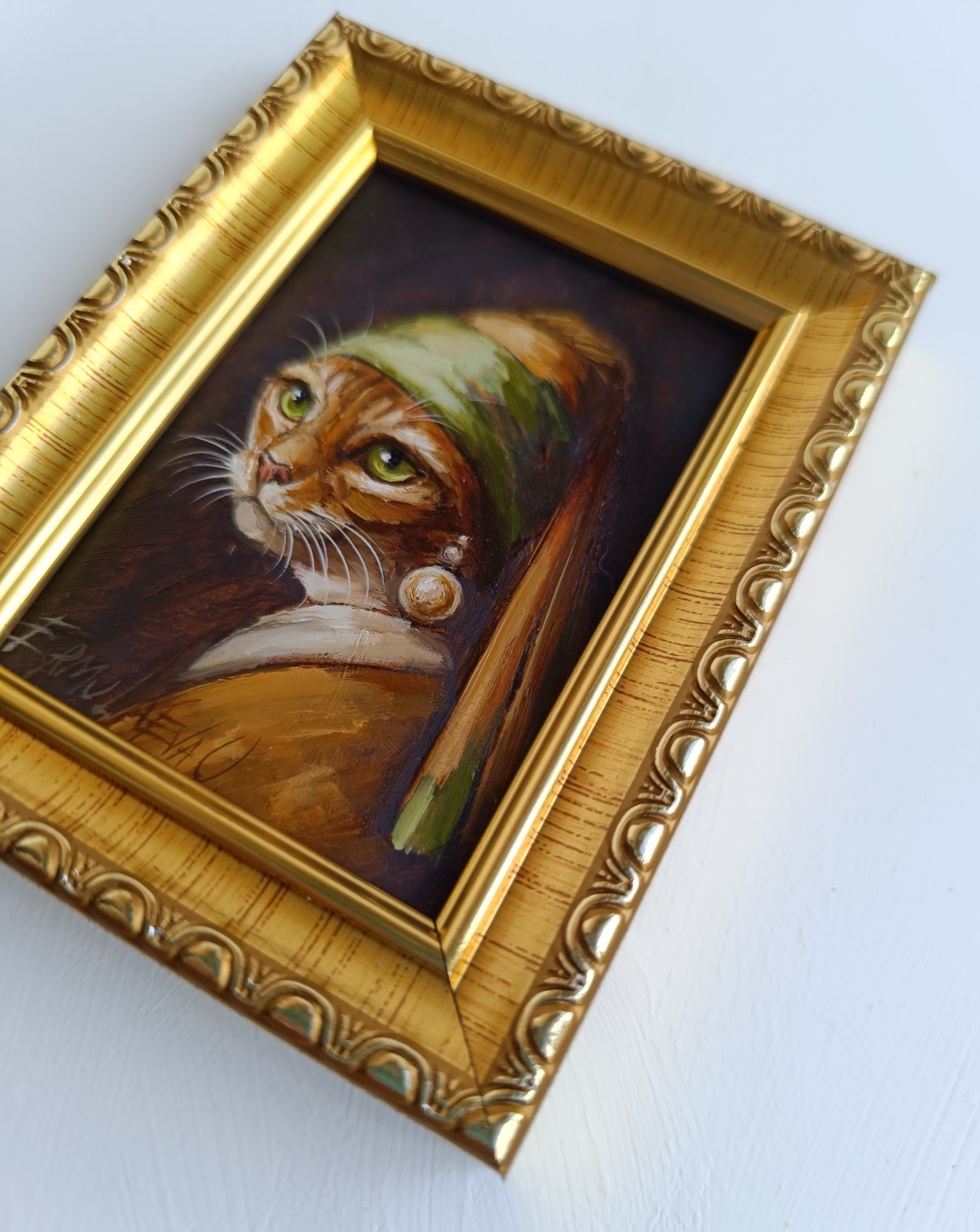 ACEO Cat with Pearl Earring Oil Painting Framed Original Artwork 2.5×3.5 in