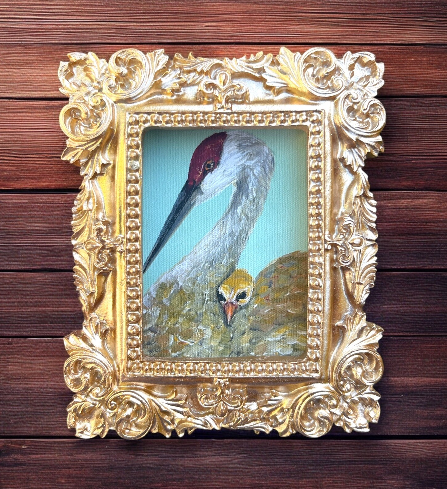 Sandhill Crane & Chick miniature art watercolor print in gold ornate frame