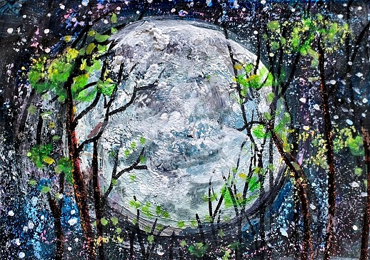ACEO Original PAINTING Spring TREE Star Night FULL MOON Nature Landscape ATC ART