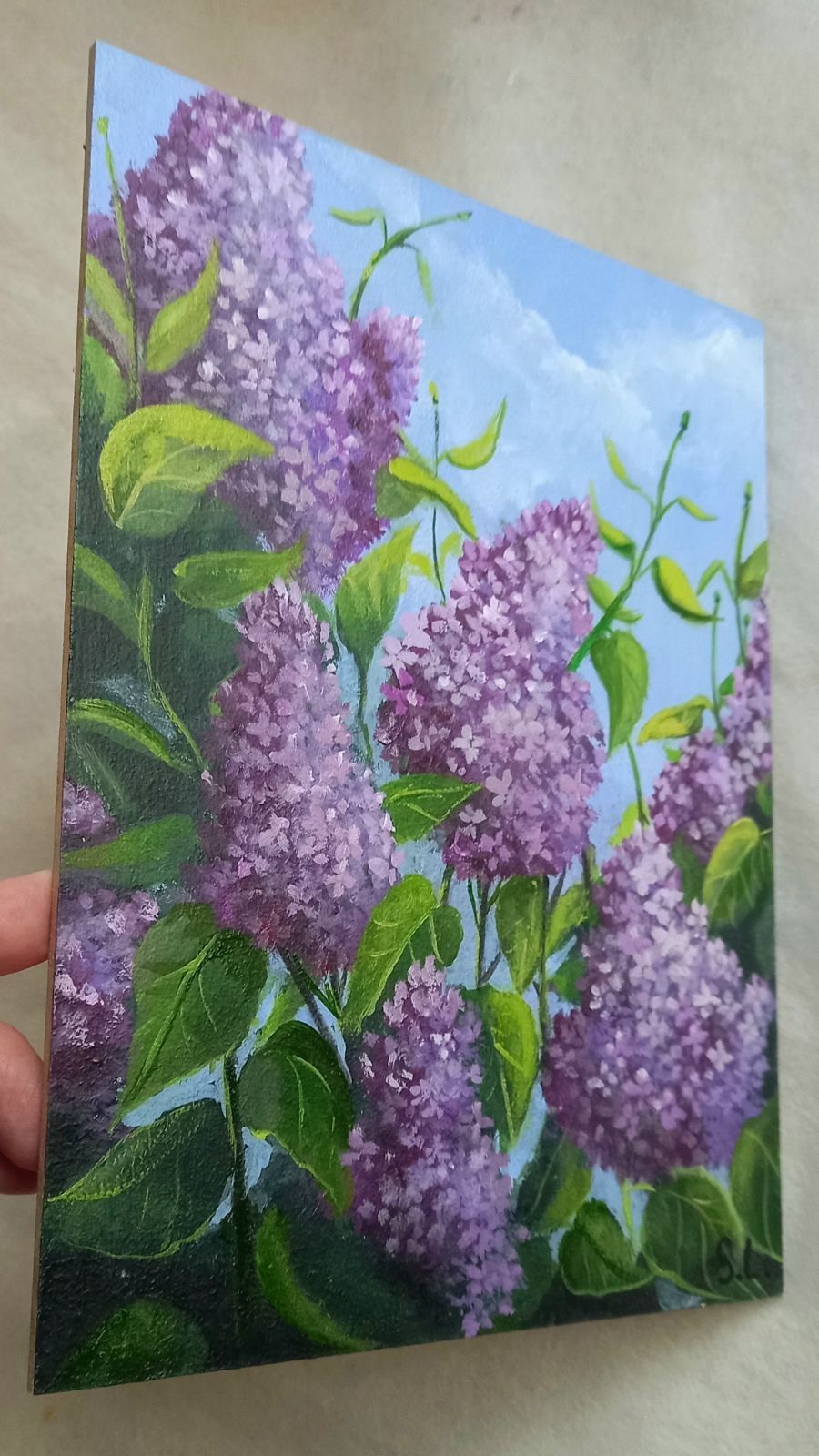 Original Acrylic Painting Landscape with Lilac Flowers Small Wall Art 7 x 9 in
