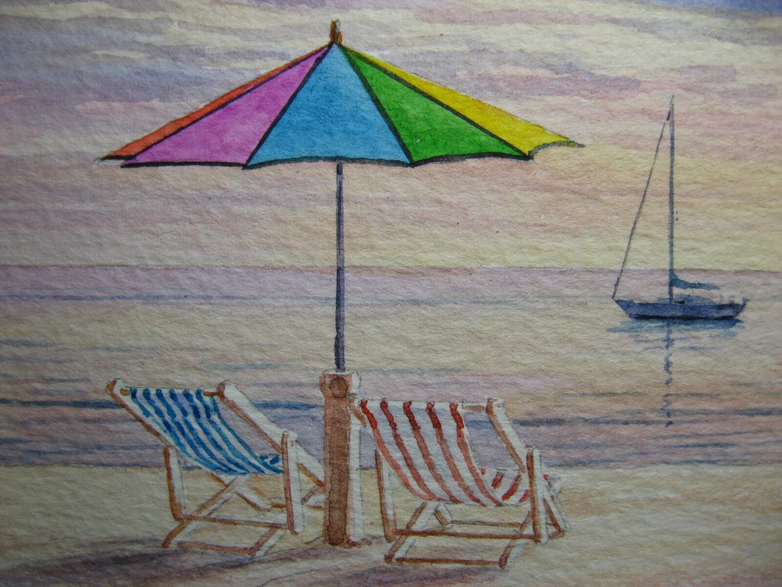 Watercolor Painting Ocean Beach Chair Sailboat Summer Vacation Seascape ACEO Art