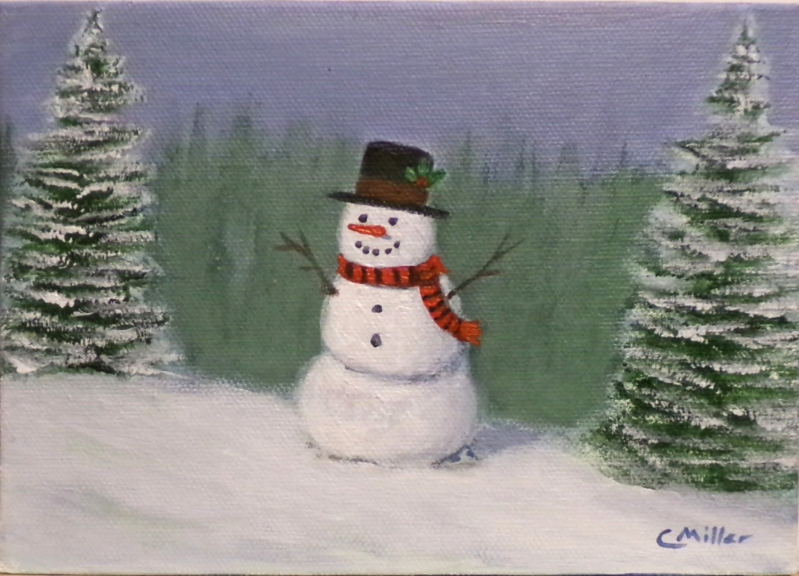 Original Painting Snowman Winter Christmas Landscape 5×7 Modern Wall Art Decor