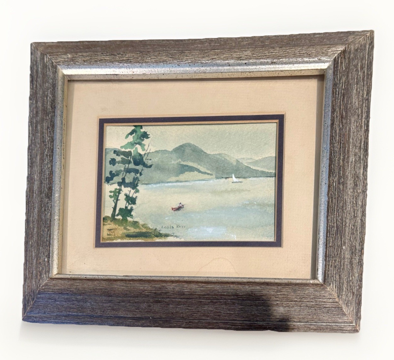 Landscape Original Watercolor Of Water Boats Mountains & Trees Signed By Artist
