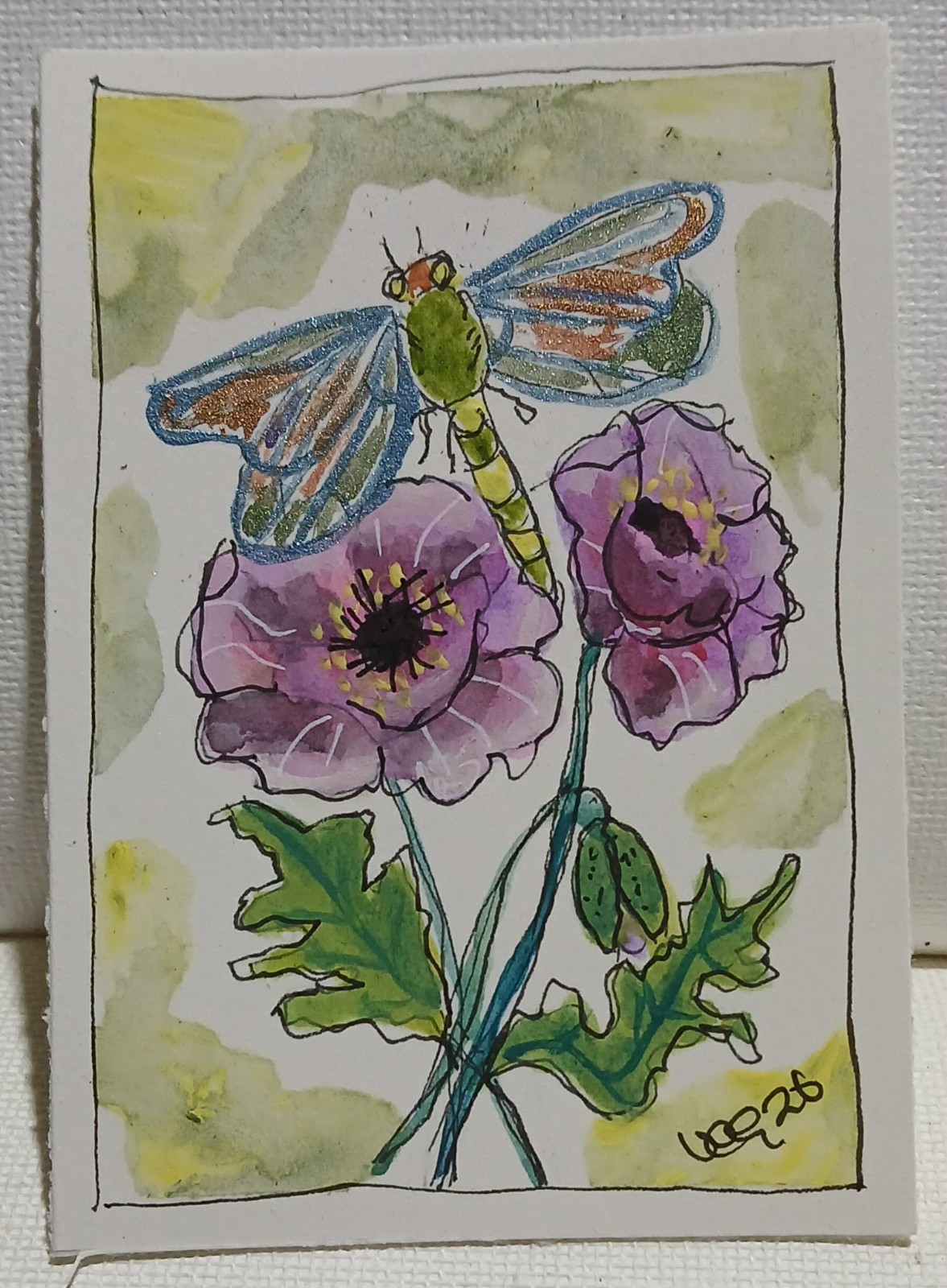 Wild Purple Poppies & Metallic Dragonfly — Loose Watercolor Scribble Pen OOAK AC