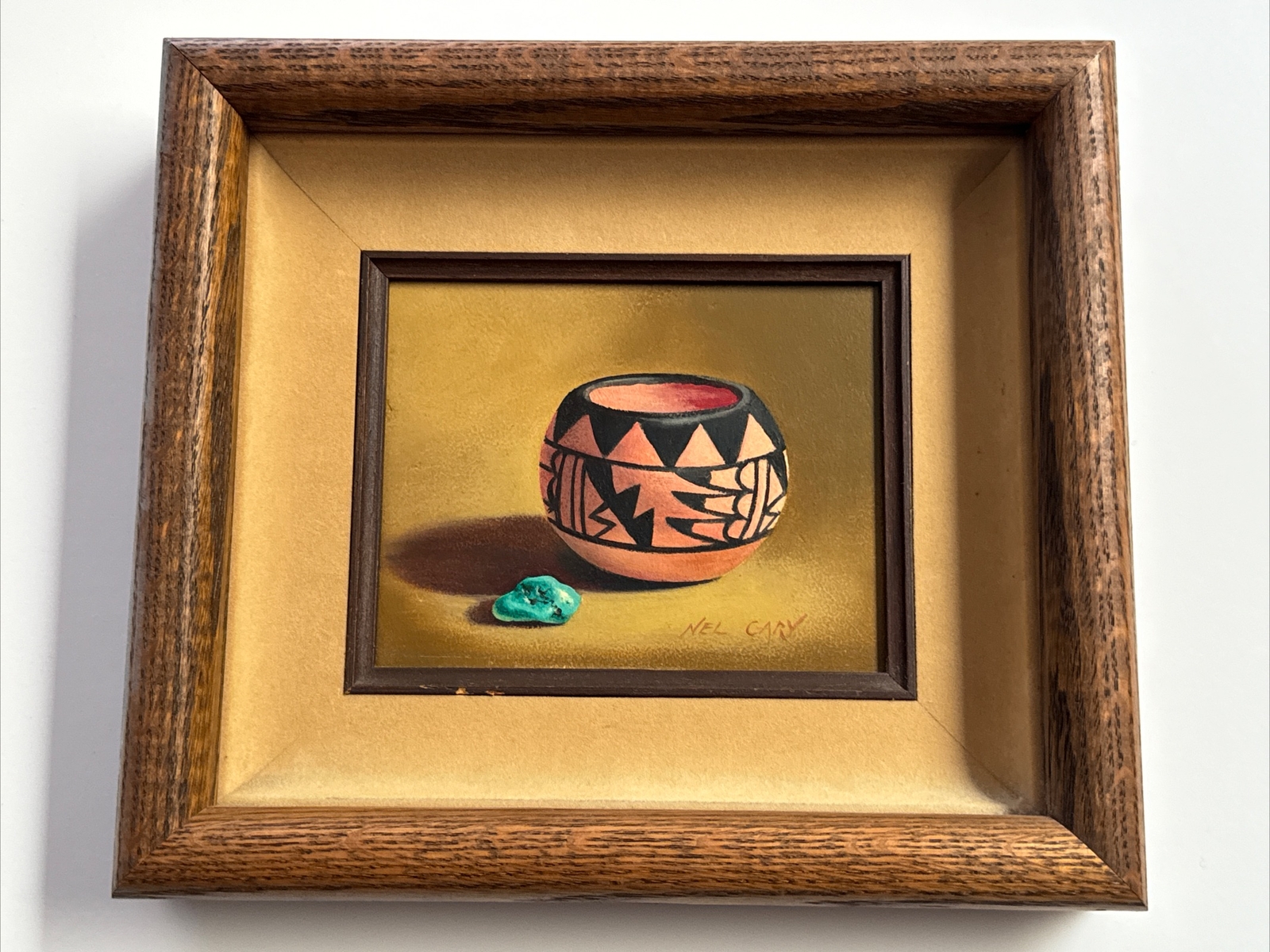 NEL CARY PAINTING TRIBAL STILL LIFE TURQUOISE STONE CHUNK INDIAN POTTERY LISTED