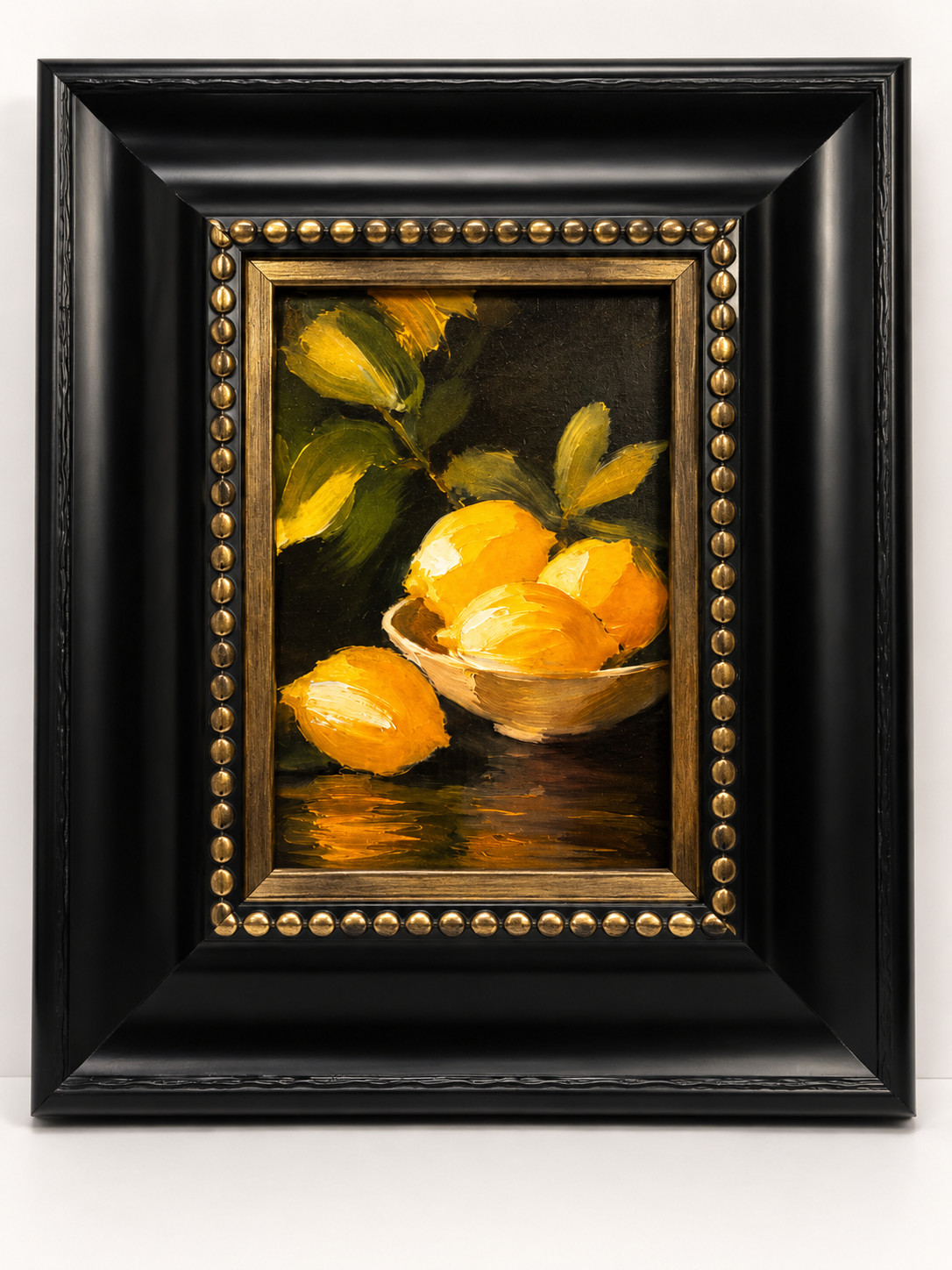 Lemon Still Life Impasto Textured Canvas Print Framed Black Gold Wall Art