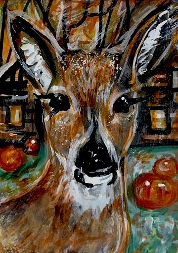 ORIGINAL ACEO Deer Painting DOE Fall Cabin Animal Landscape Nature Tree ATC ART