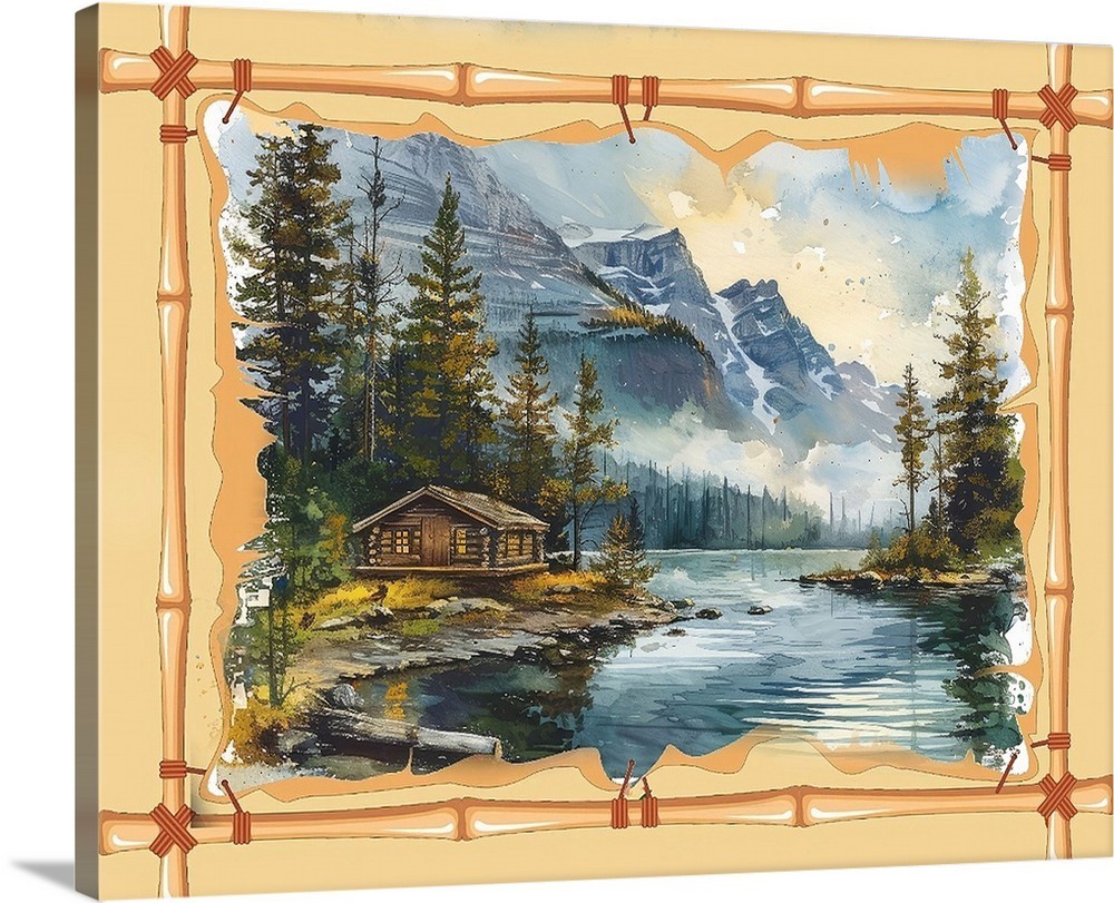 Wyoming Wilderness Log Cabin Lake & Mountains Art Gallery Canvas Wrap Wall Art