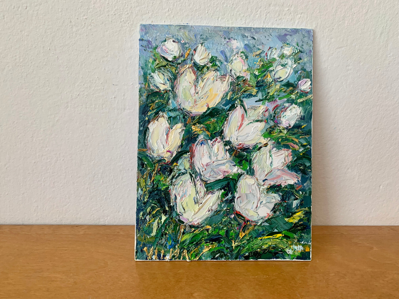 White Tulips Flowers Oil Painting On Canvas Board Blooming Garden Wall Art Decor