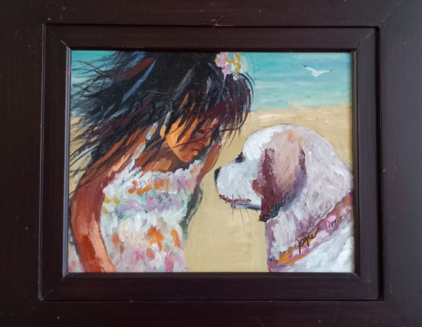 Original Oil Painting Girl Dog Beach Folk Art Signed 2016 Framed Canvas Artwork