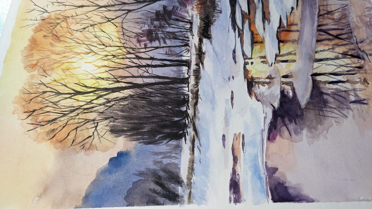 Winter Sunset Landscape Watercolor Painting Snowy Lake Ice Piver Original Art A4