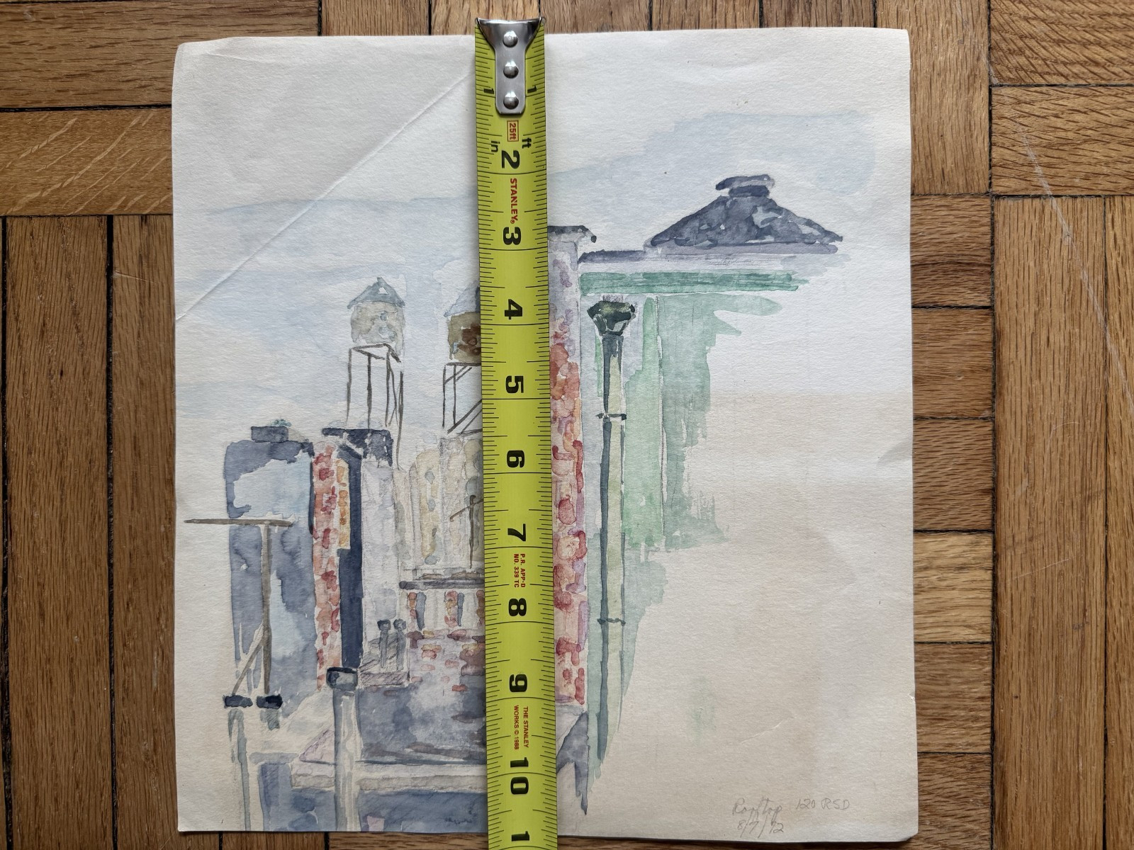 Vintage 1972 Watercolor Painting NYC Rooftops New York City Water Towers 10×11