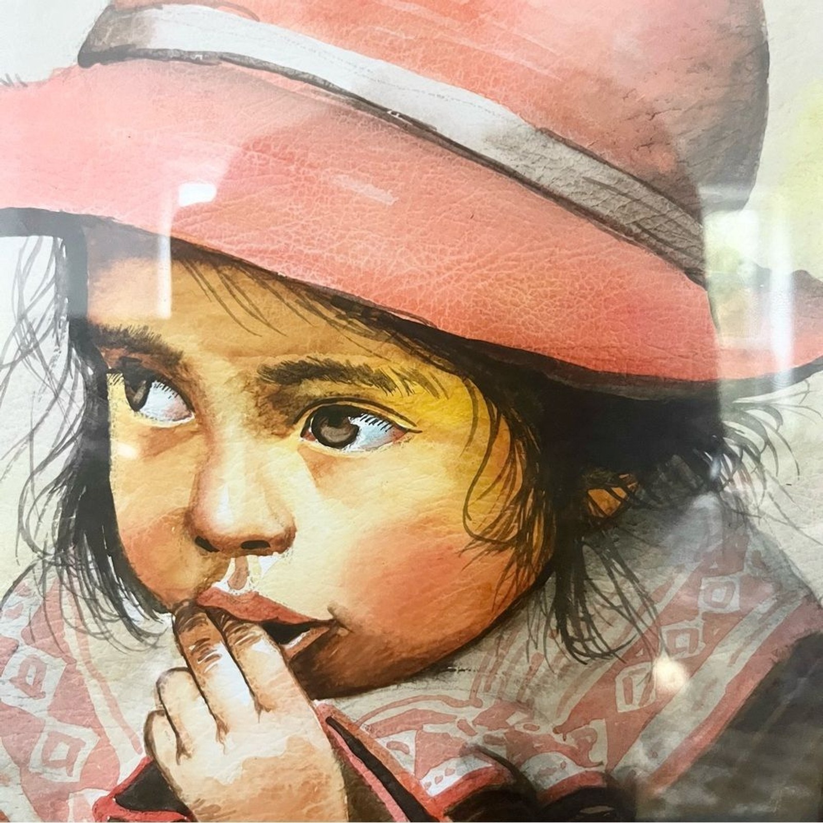 Peruvian Girl w Red Hat Watercolor Original Art Framed Portrait in Frame 14×17