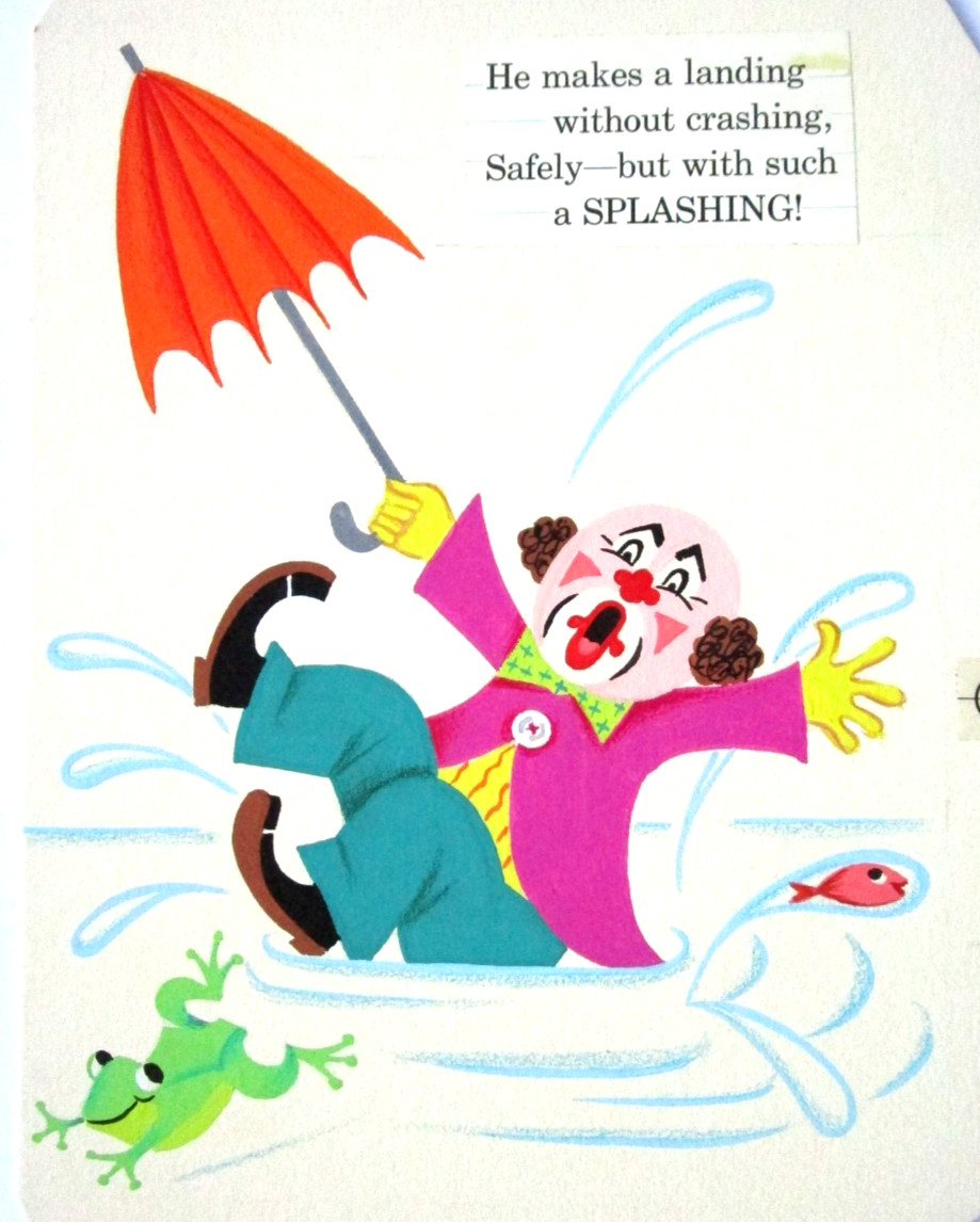 1967 CLOWN ORIGINAL CHILDREN’S BOOK PAINTING cel drawing comic art frog umbrella