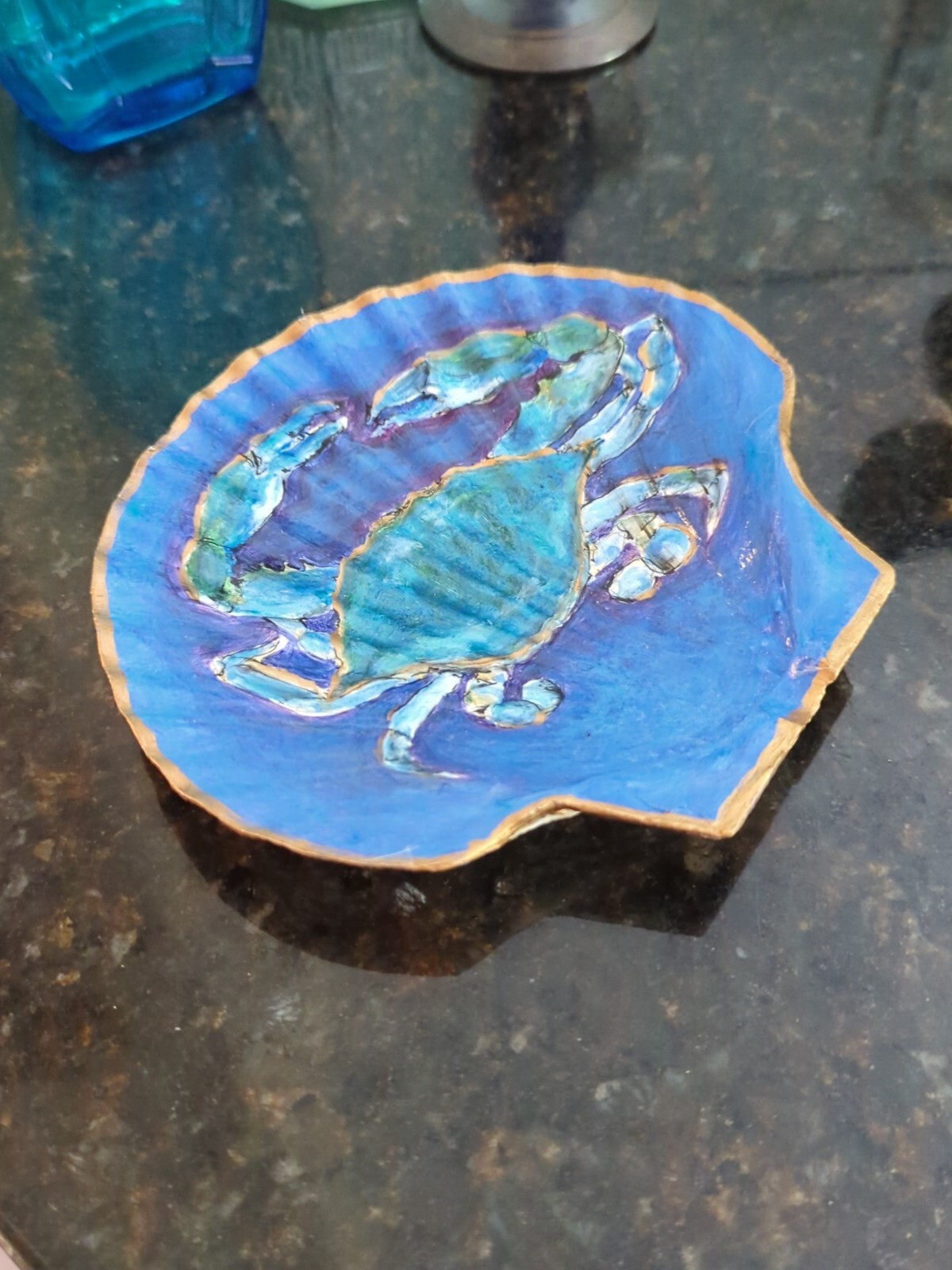 Hand Painted Art Blue Shell Crab on Scallop Seashell RAMFISH Artist