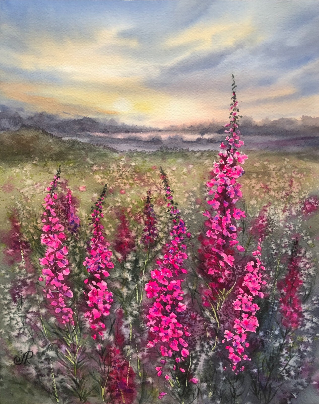 Original Watercolor Landscape Field Painting Wildflowers Wall Art Meadow Art