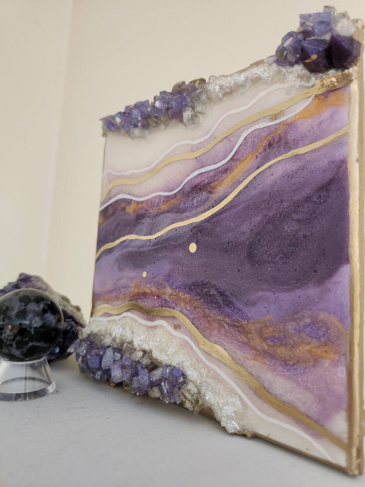 Mini Amethyst & Diamond White | Resin Geode Wall Art | Crystal Abstract | 6×6″