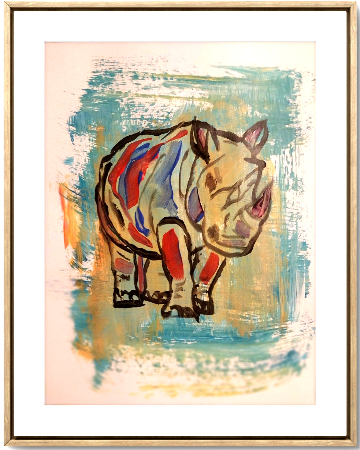 Rhinoceros 11×14 Modern Vibrant Expressionistic Original Signed Paper Acrylic