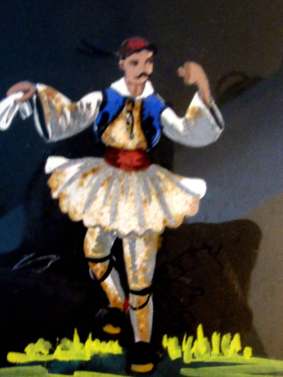 2 Vintage Signed Framed Greek Oil Paintings Greek Knitting Girl and Dancing Man