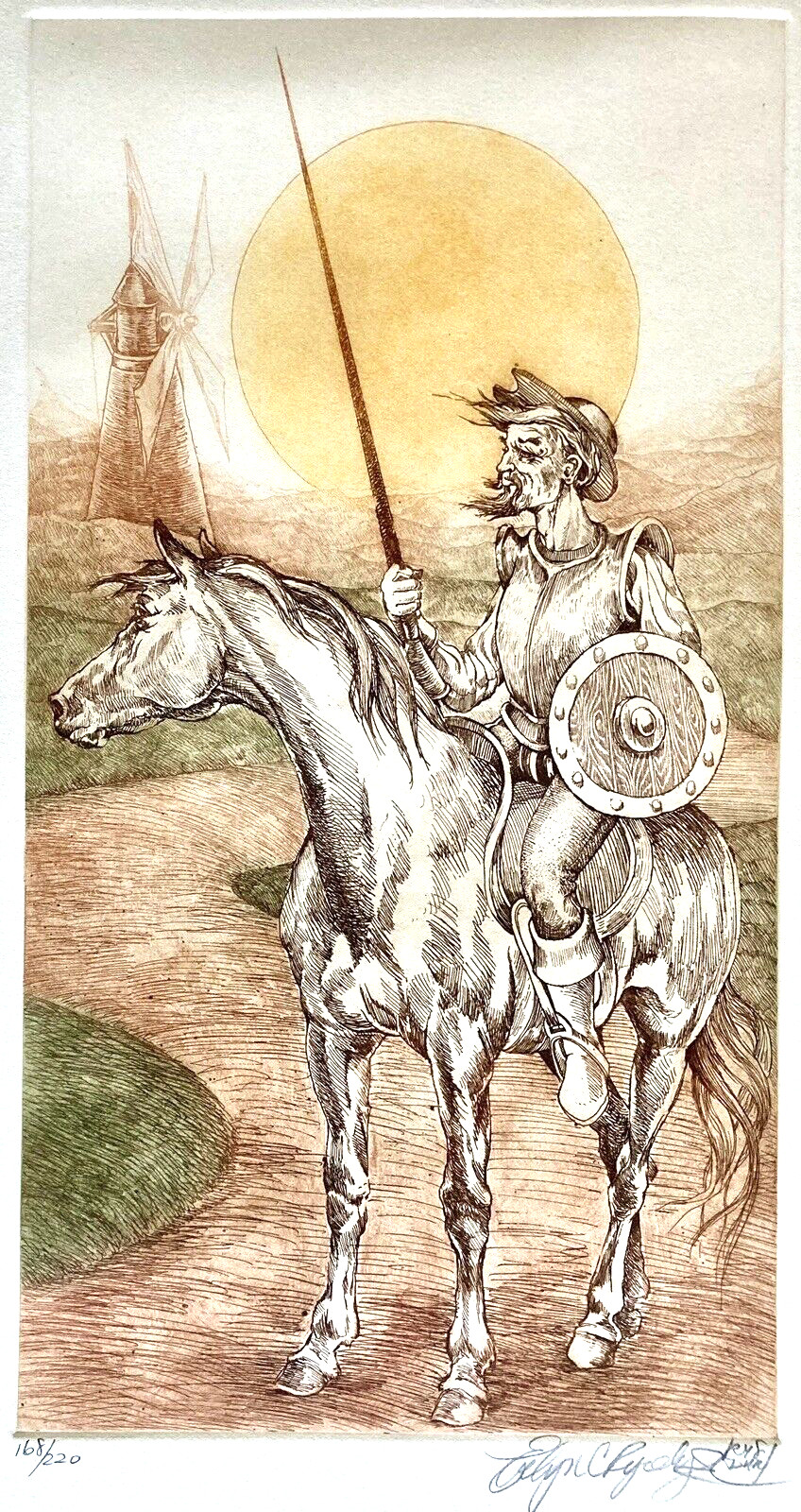 Vintage Evelyn Rysdyk Chivalry Woodblock Litho Art Quixote Horse Windmill Sun
