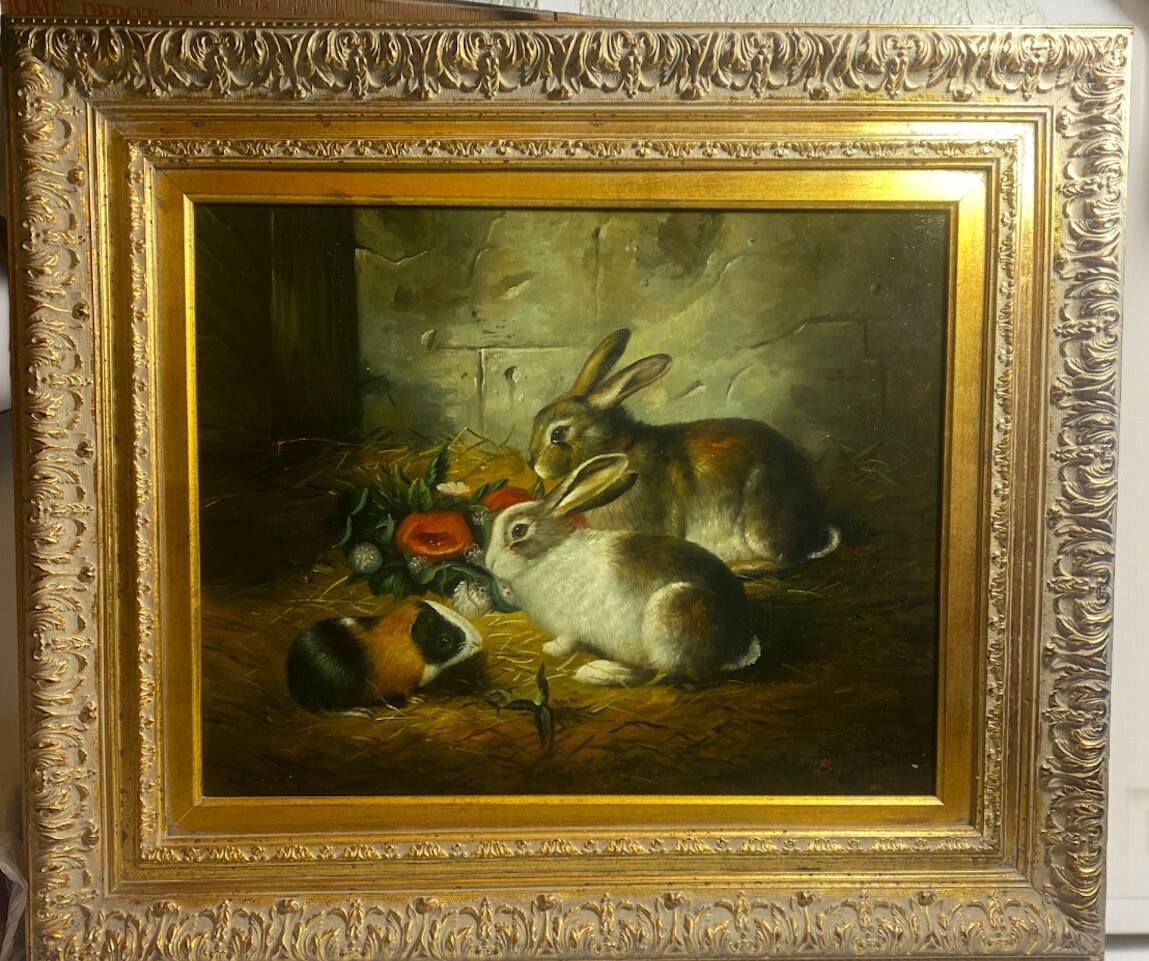 Escaped Rabbits & Guinea Pig Framed Oil On Canvas Painting Signed Byron 16x20in.