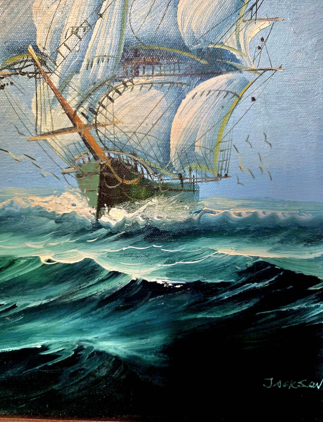 Jackson Signed Framed Realism Canvas Painting Nautical Seascape Sailing Ship