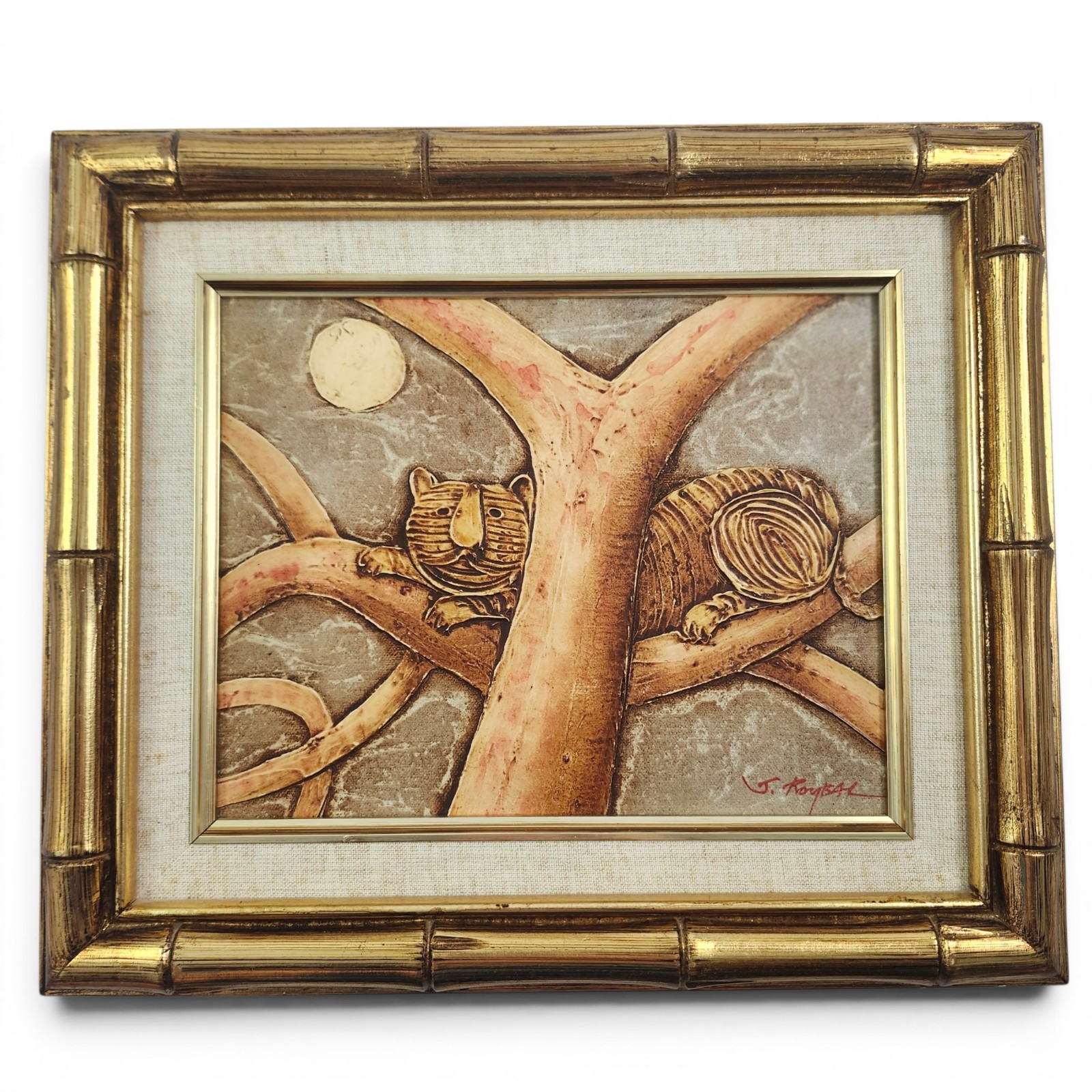 Joyce Roybal Signed Original 8×10 Lion Cat Painting with Gold Faux Bamboo Frame