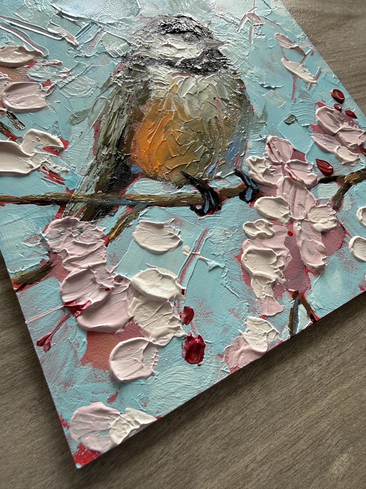 Chickadee Blossoms bird Original Painting On Panel 6 X 6 IN Art Krista Eaton