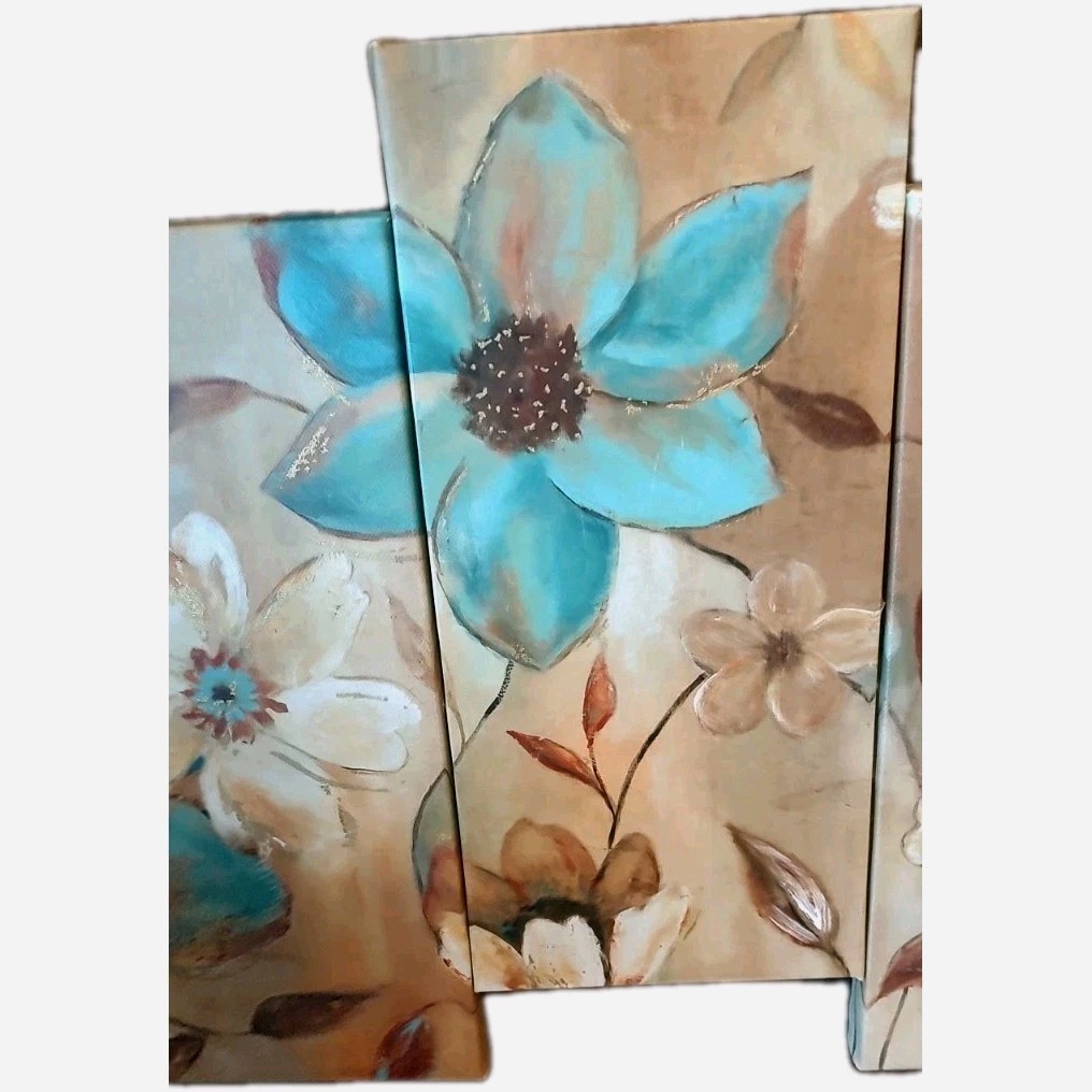 5 Panel Canvas Wall Art Teal/Beige Flowers With Gold Embossing