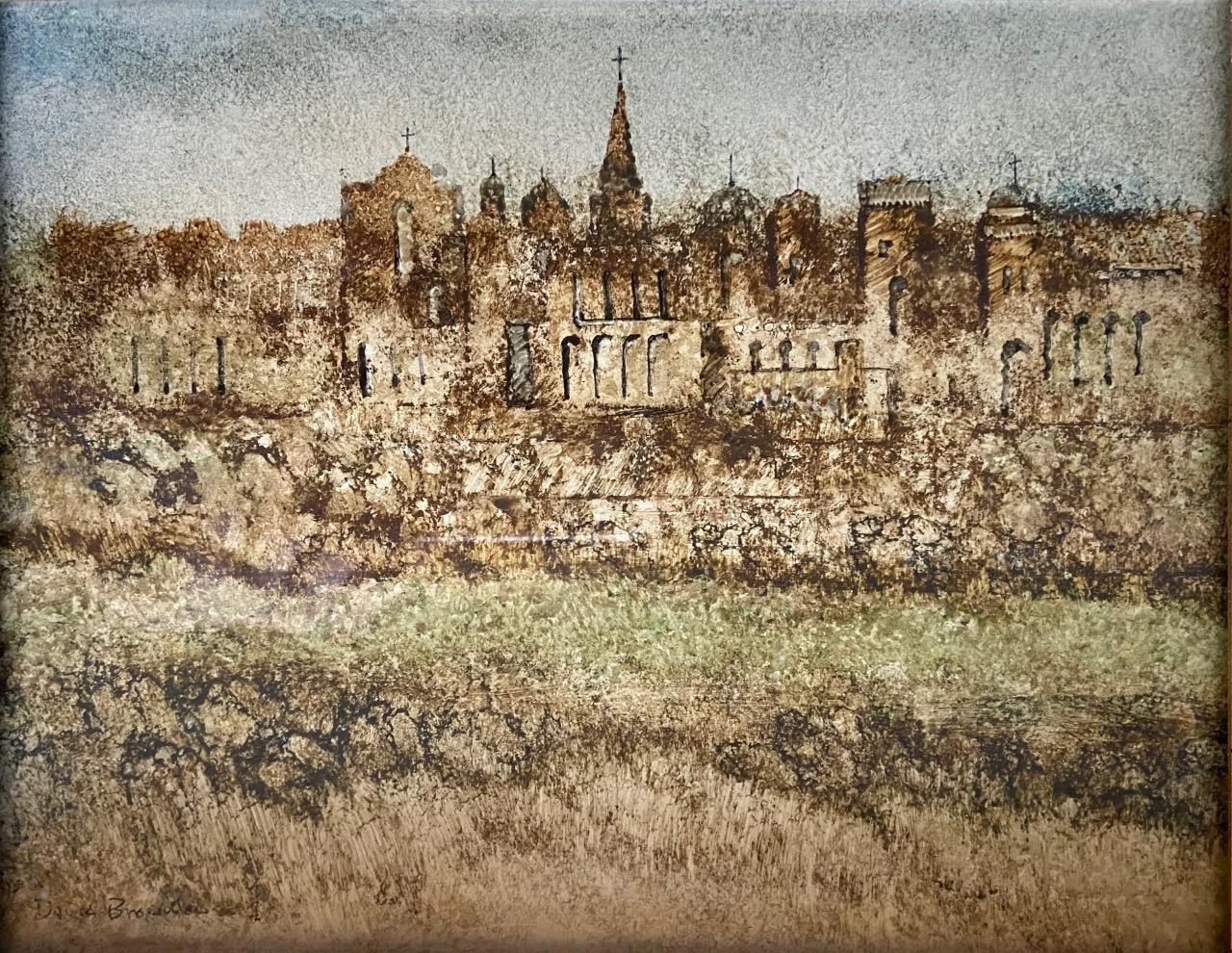 David Brownlow Vintage Texas Art Cathedral City Skyline Watercolor Ink Painting